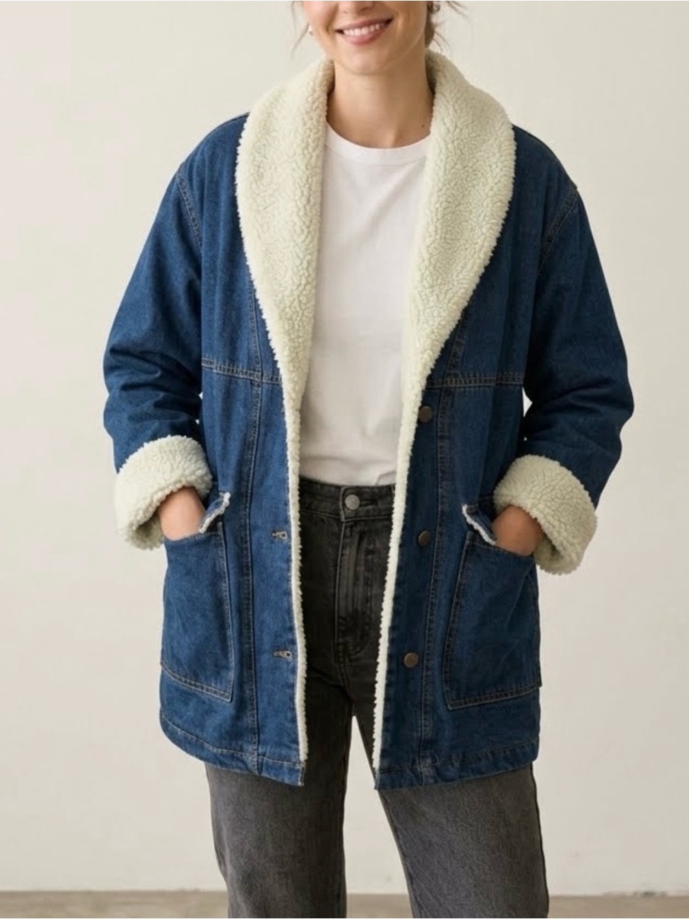 Ashley Vintage Charm Sherpa Lined Denim Chore Jacket Large (Oversized)